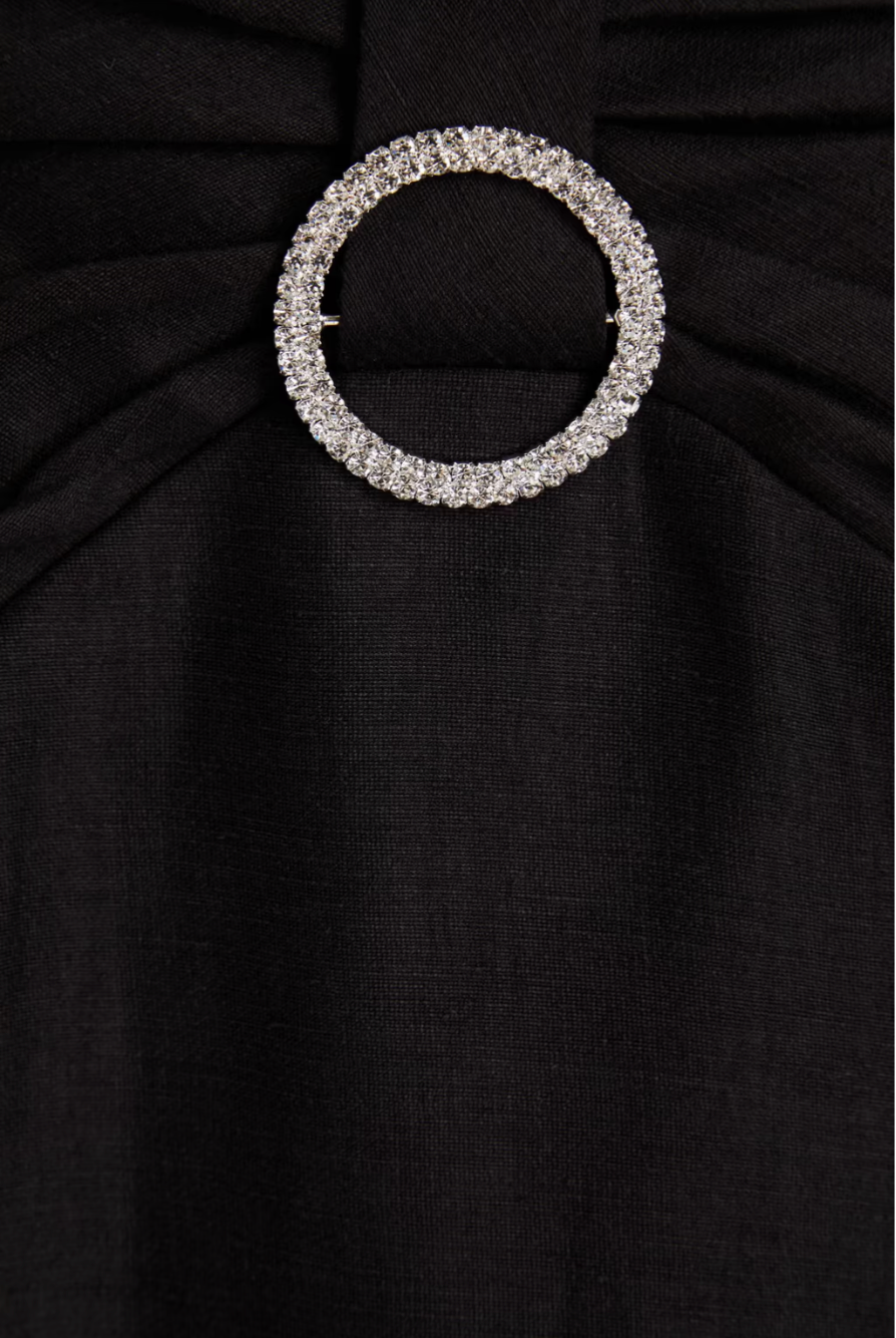 Versierde midi-jurk van linnenmix met kanten panelen en ruches