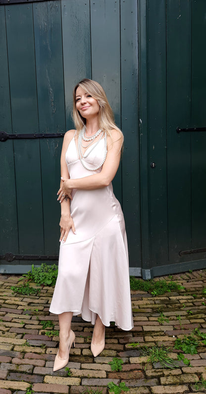 Asymmetric satin-crepe maxi dress