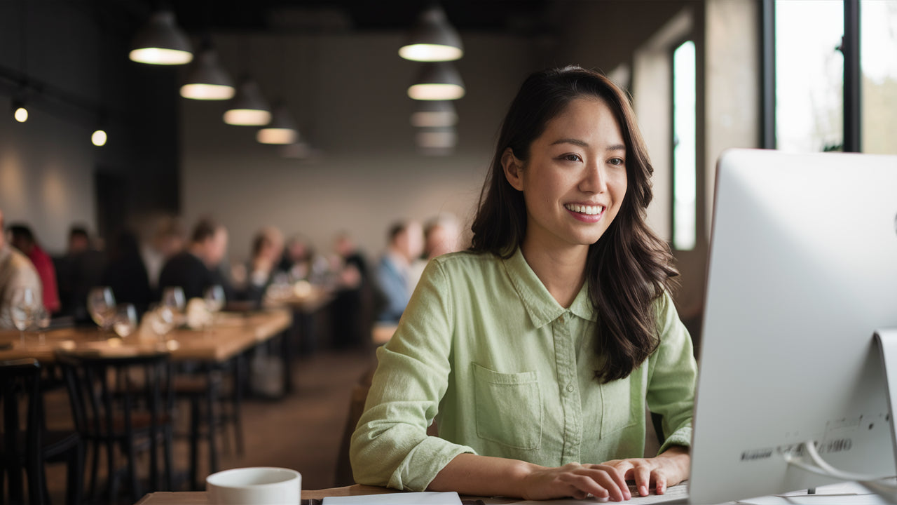 smiling woman sitting at computer