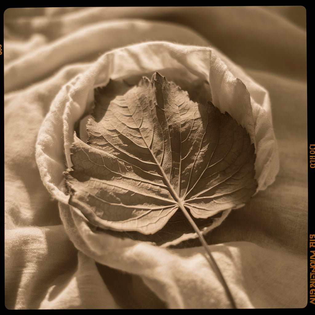 gentle view of leaf lying on cotton material