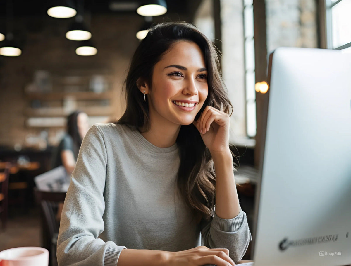 smiling woman sitting at computer