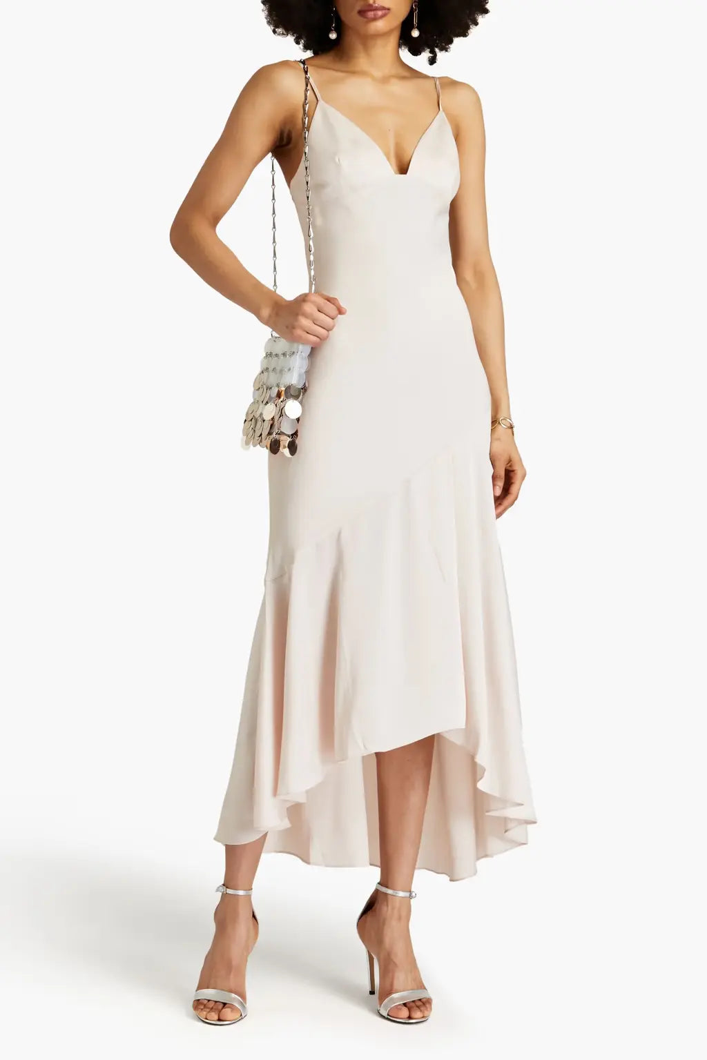 Asymmetric satin-crepe maxi dress