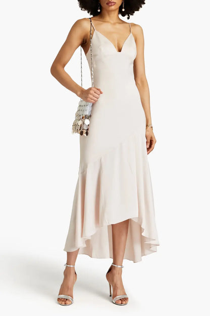 Asymmetric satin-crepe maxi dress