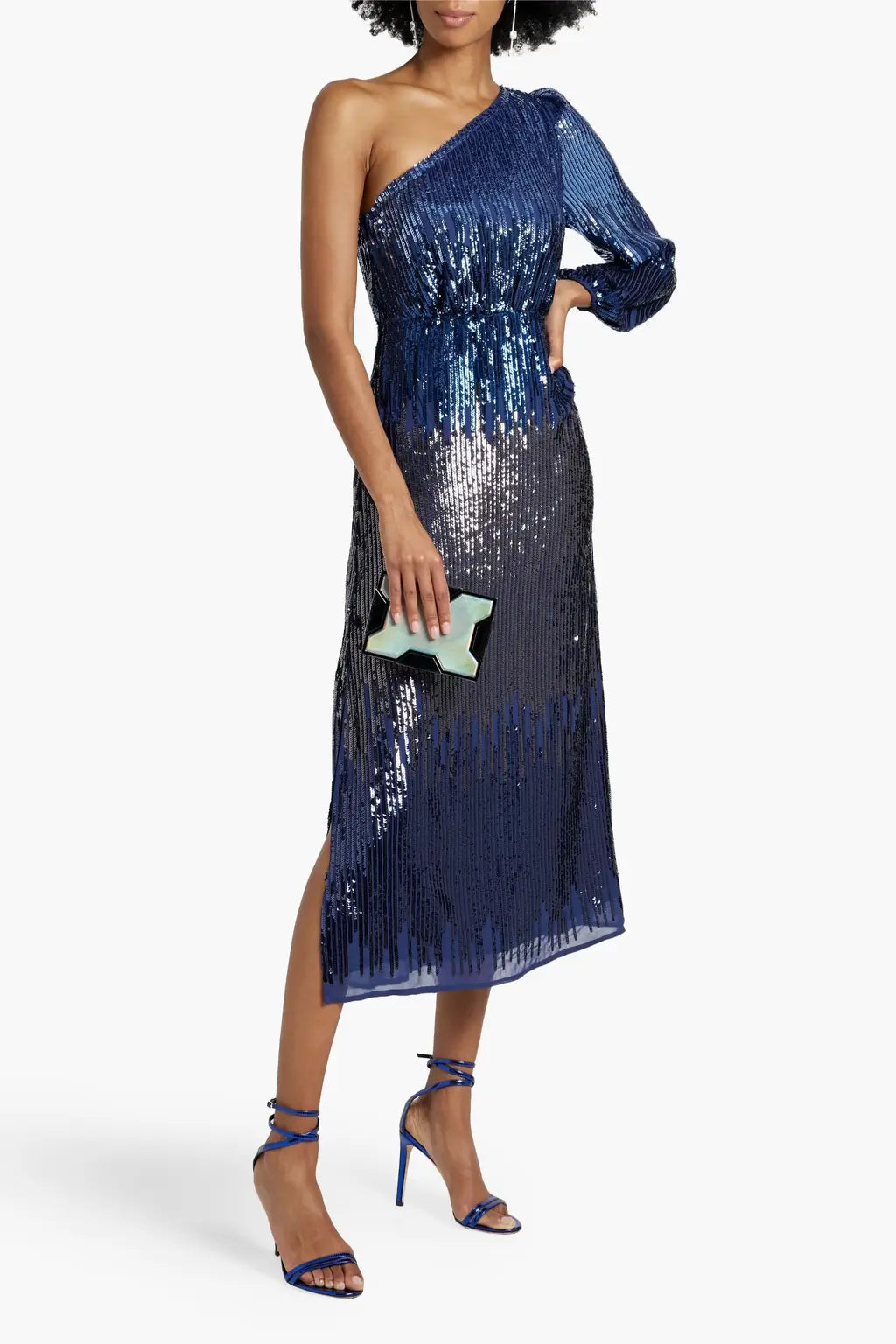 One-sleeve sequined dégradé chiffon midi dress