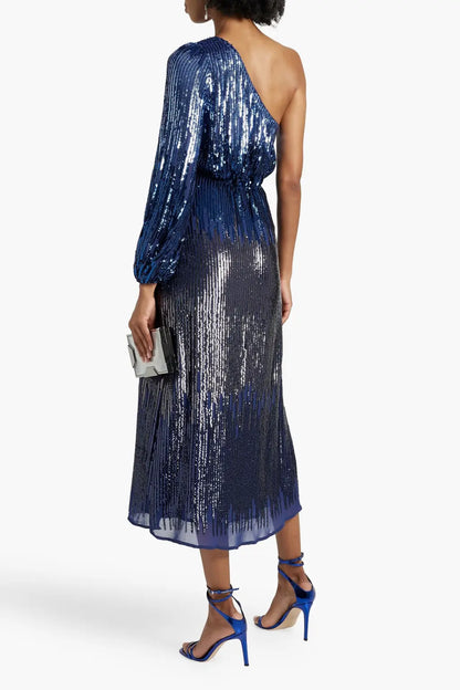 One-sleeve sequined dégradé chiffon midi dress