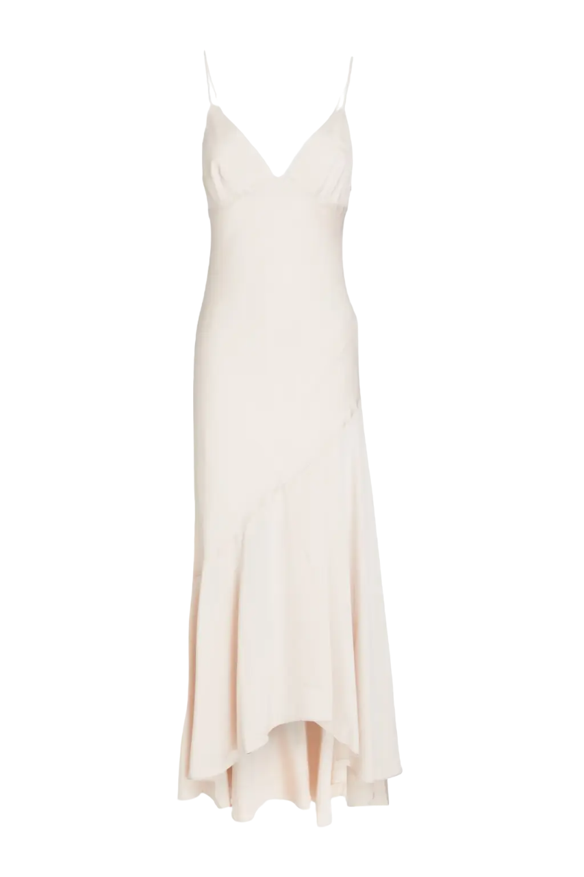 Asymmetric satin-crepe maxi dress