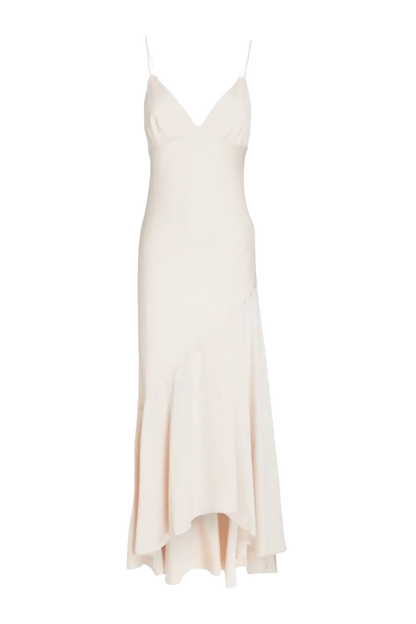 Asymmetric satin-crepe maxi dress